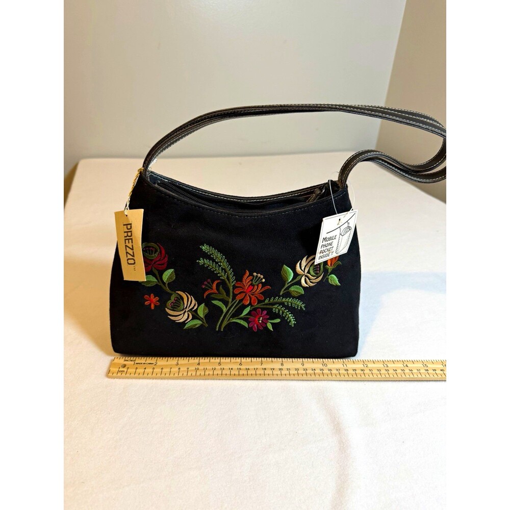 Prezzo Black Floral Embroidered Shoulder Bag Zip Top Small Inner Pockets